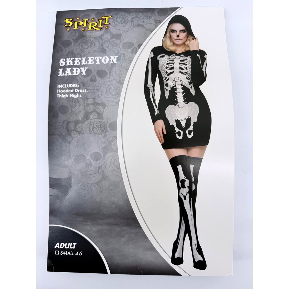 Spirit Halloween Skeleton Lady Costume Women Small 4-6 Hooded Dress Thigh Highs